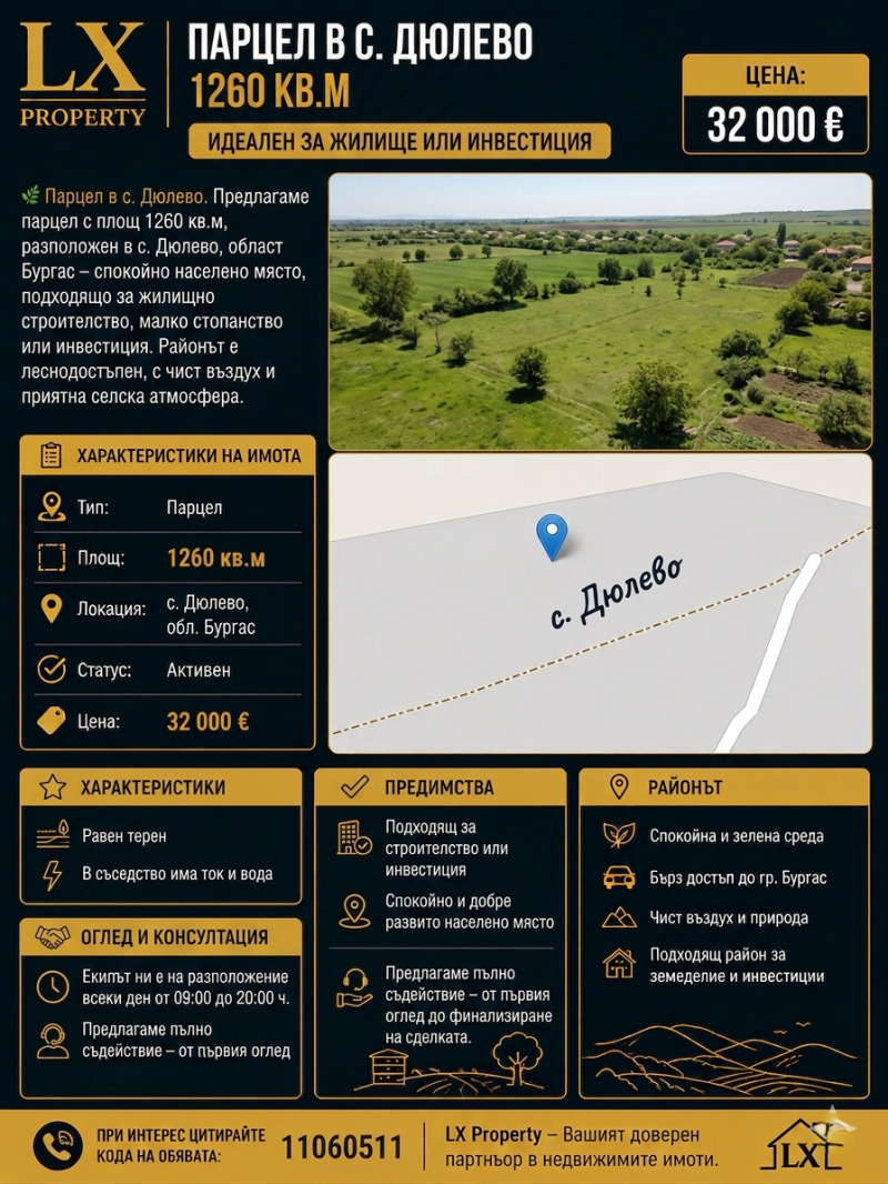 Продава ПАРЦЕЛ, област Бургас, с. Дюлево • 32000 € / 62586.56 лв. • 69772021 1 — Holmes.bg Продава ПАРЦЕЛ, област Бургас, с. Дюлево • 32000 € / 62586.56 лв. • 69772021 1