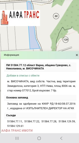 Обява Продава ЗЕМЕДЕЛСКА ЗЕМЯ,с. Николаевка, област Варна