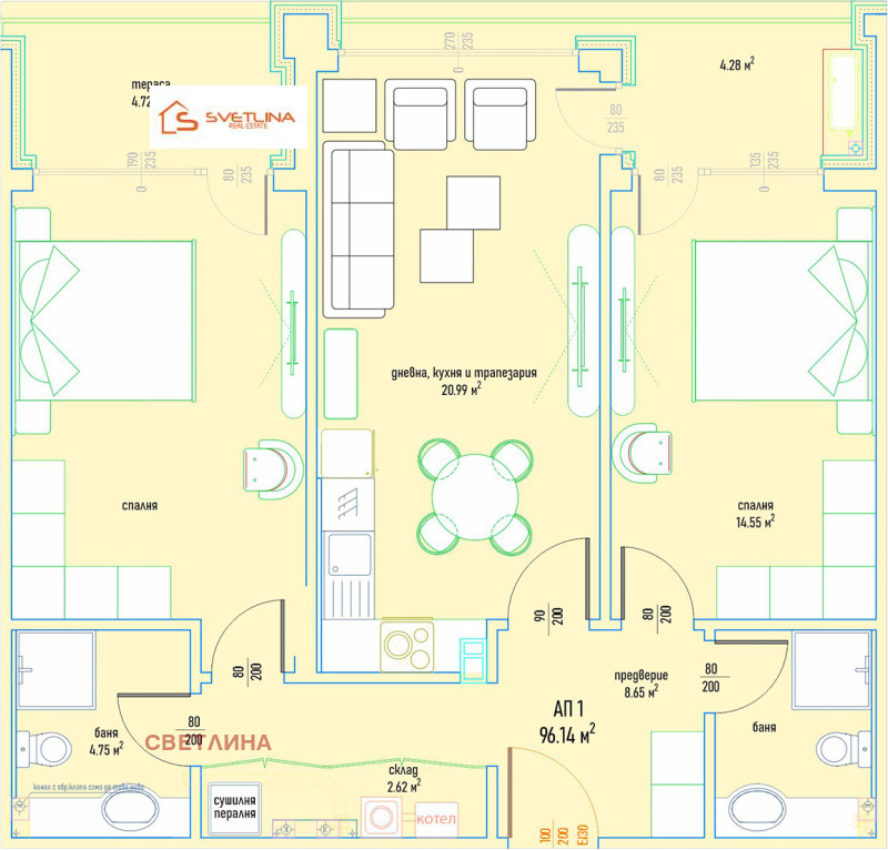 Продава 3-СТАЕН в град София, Малинова долина - 119 кв.м / 217 900 € » 426 175.36 лв., СВЕТЛИНА