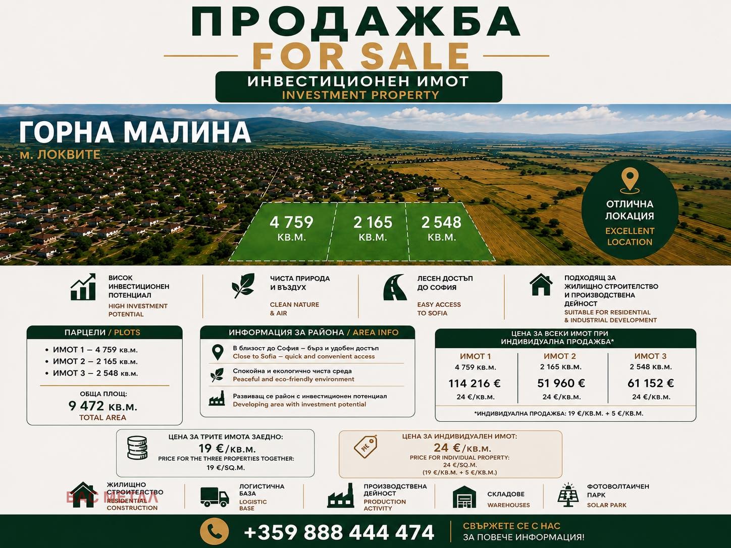 Продава ПАРЦЕЛ, с. Горна Малина, област София област