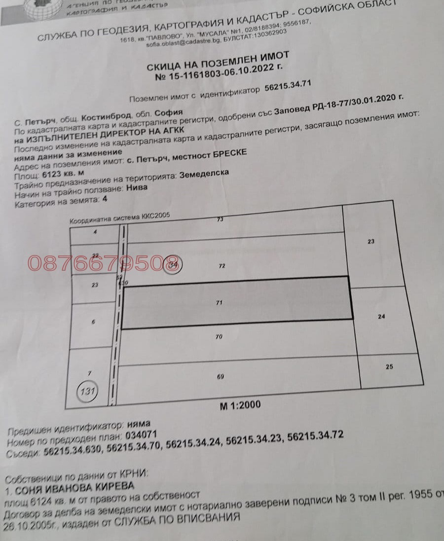 Продава ЗЕМЕДЕЛСКА ЗЕМЯ, с. Петърч, област София област
