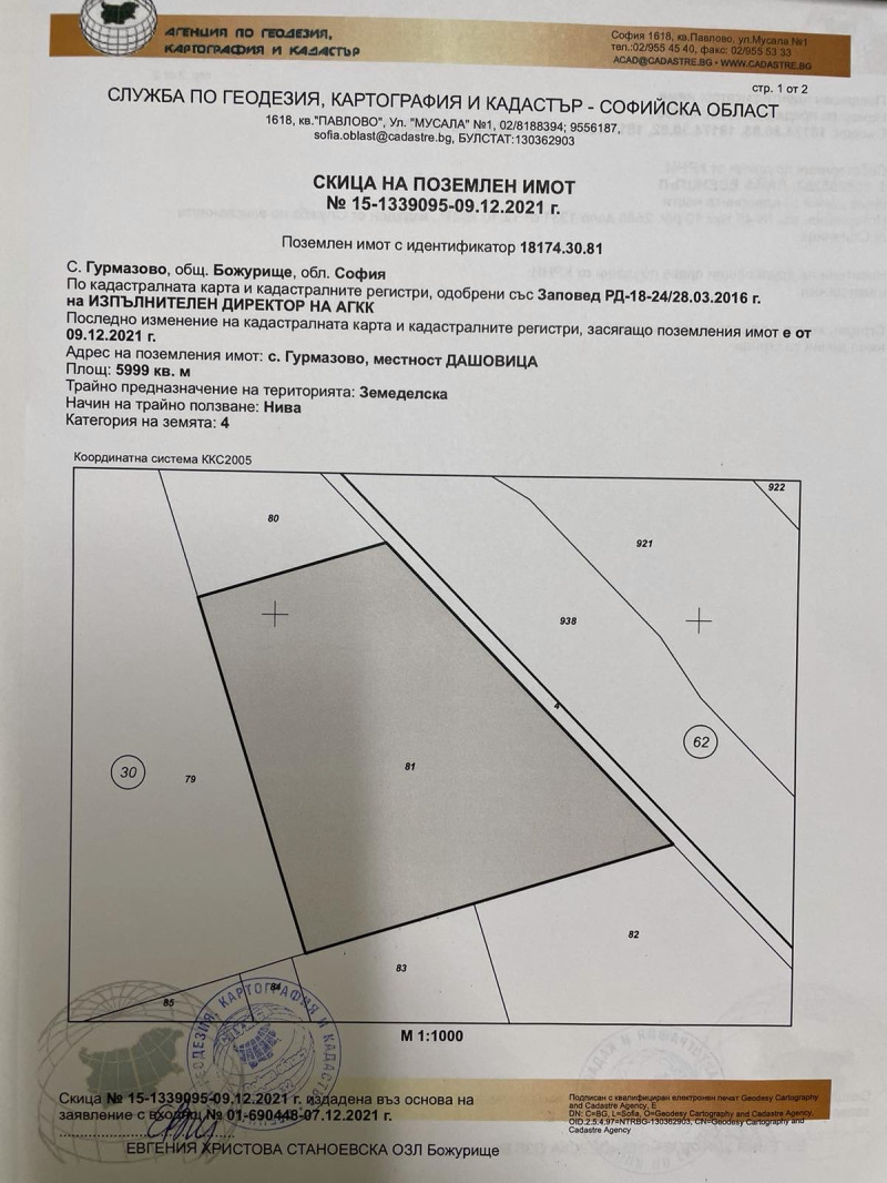 Продава ЗЕМЕДЕЛСКА ЗЕМЯ, с. Гурмазово, област София област
