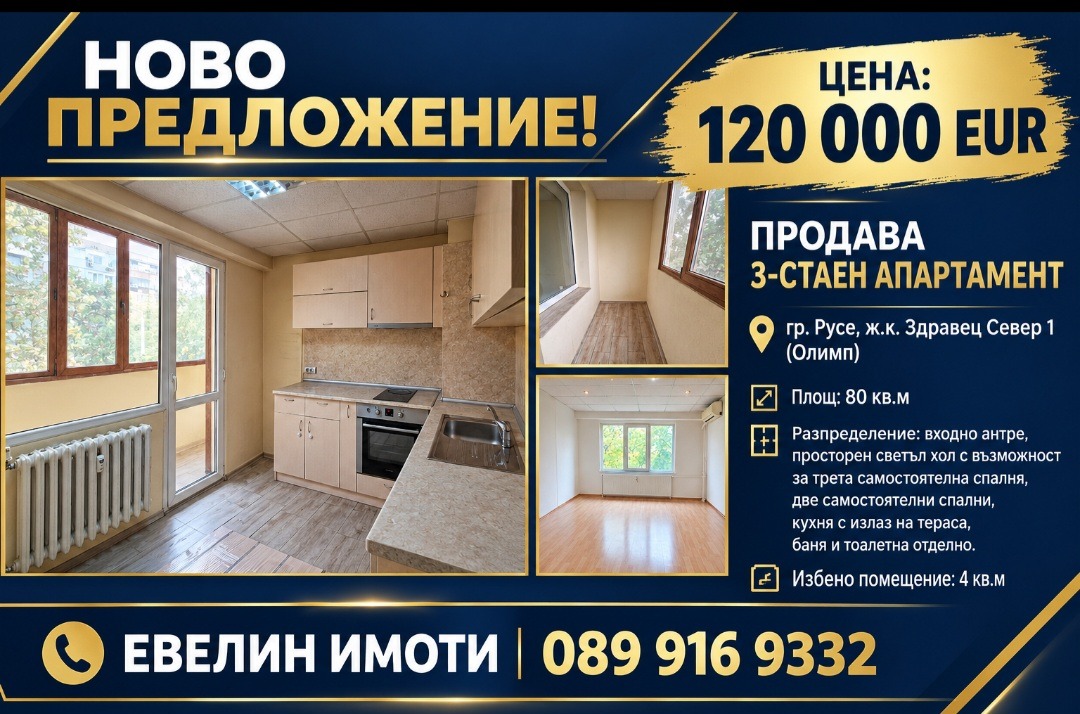 Продава 3-СТАЕН, гр. Русе, Здравец Север 1