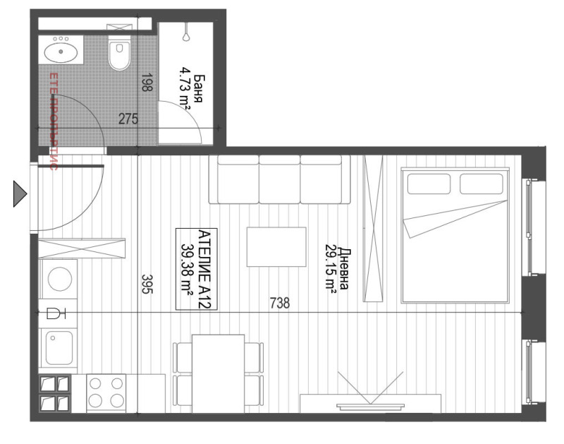 En venta  Estudio Sofia , Tsentar , 47 metros cuadrados | 93705291