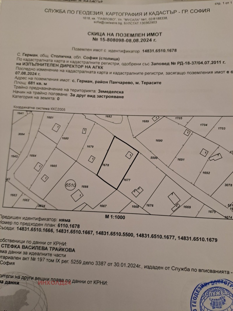 Продава ПАРЦЕЛ в град София, с. Герман - 681 кв.м / 52 500 € » 102 681.08 лв., ИНХОЛД24