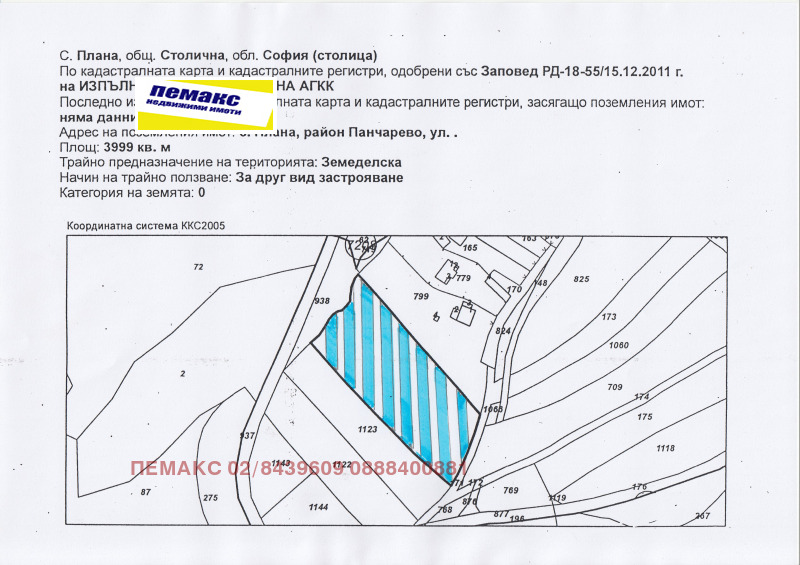 Продава ПАРЦЕЛ в град София, с. Плана - 3999 кв.м / 132 000 € » 258 169.56 лв., ПЕМАКС 02/8439609 0888400881