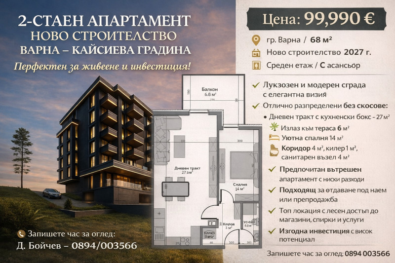 Продава 2-СТАЕН в град Варна, Кайсиева градина - 68 кв.м / 99 990 € » 195 563.44 лв., 360естейт